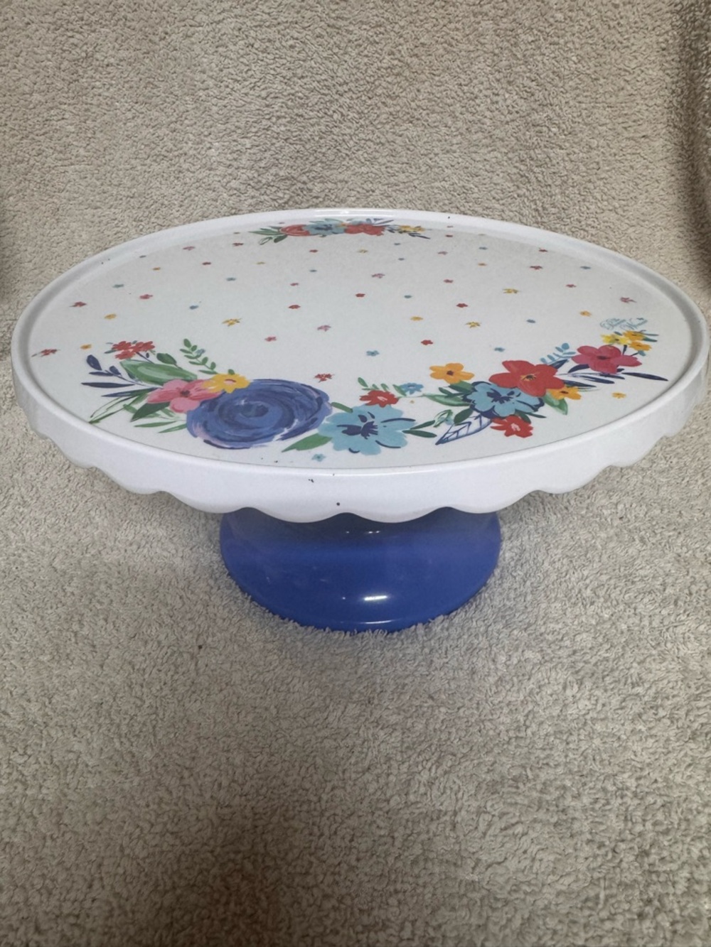 The Pioneer Woman White Floral Blue Pedestal Cake Stand